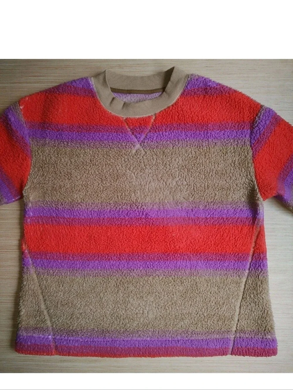 Koolaburra UGG Fuzzy Sherpa Pullover Sweatshirt Beige Orange Striped Sweater M P